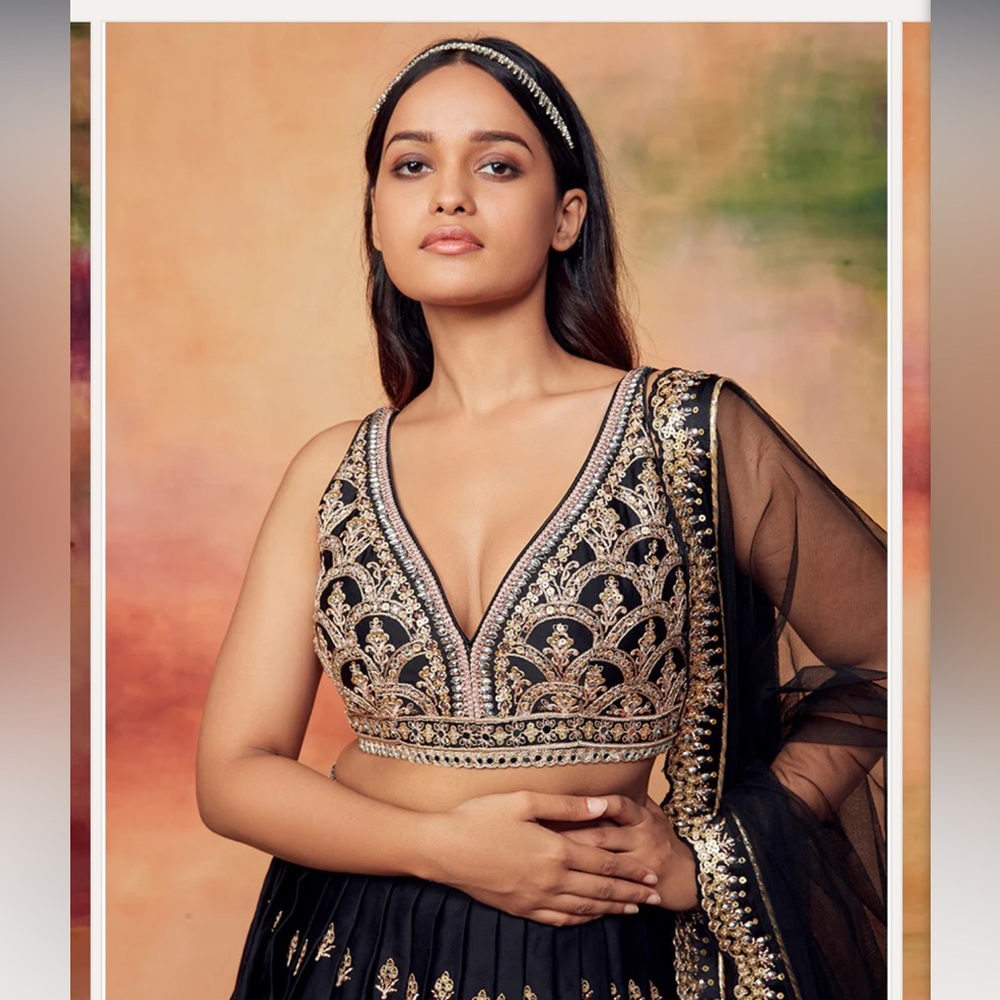 Black and Gold Embroidered Satin Lehenga - Picture 3 of 5